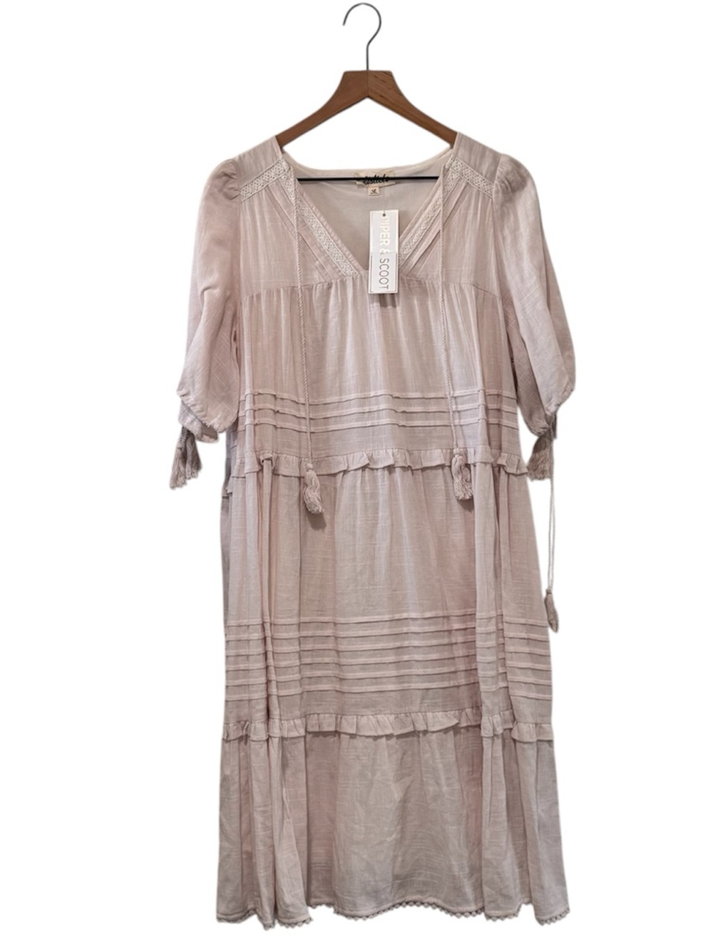 Listicle Boho Cottagecore Prairie Cream Tiered Tassel Babydoll Knee Dress Large